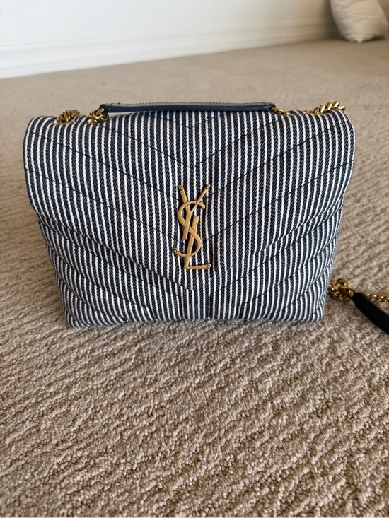 Saint Laurent Handbags - Saint Laurent Navy and White Striped Denim Small Loulou Shoulder Bag